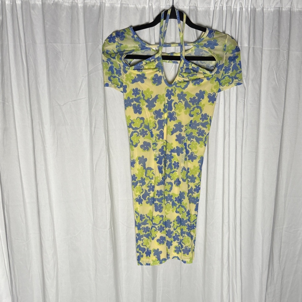 Floral SABO Cutout Dress in Yellow and Blue
